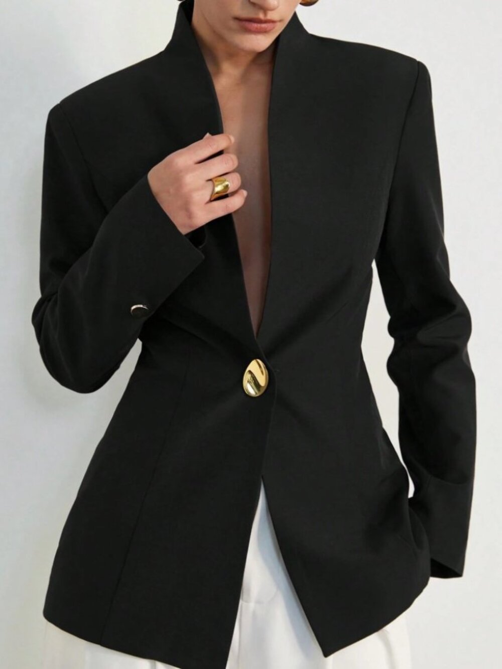 Black Shawl Collar Blazer with Gold Statement Button